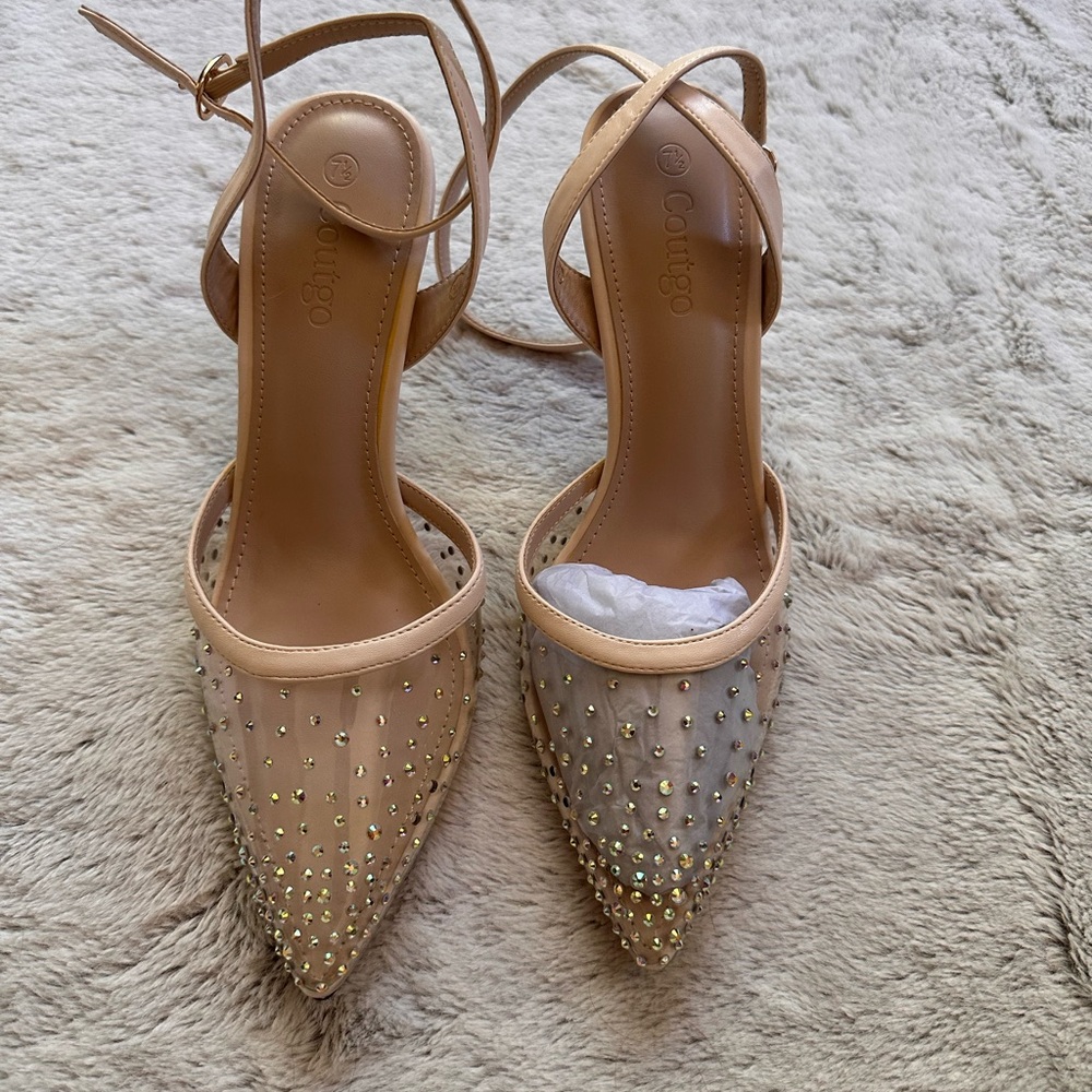 Nude Pointed Rhinestone Ankle-Strap Pumps - Picture 2 of 7